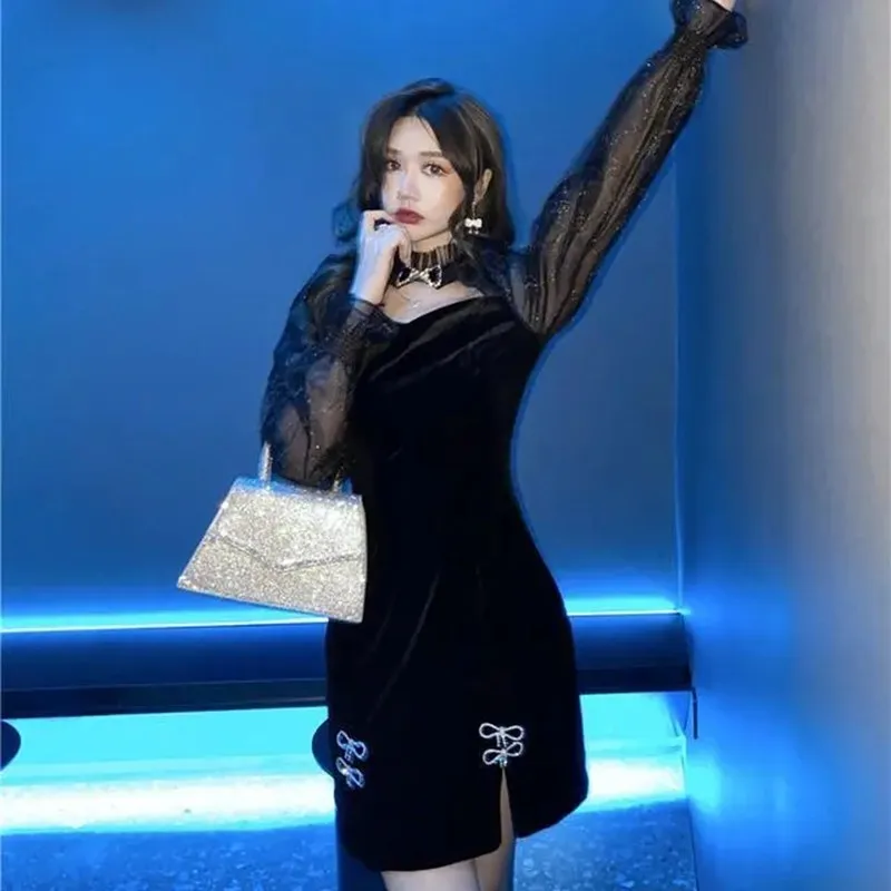

Autumn Hepburn Qipao Fashion Elegant French Cheongsam Retro Velvet Slim Party Evening Vintage Lace Sequins Hollow Out Dress