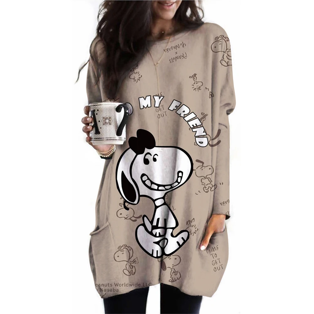 thumbnail image 1 of Camiseta de manga larga con cuello redondo para mujer, de primavera y otoño, talla grande 3XL, informal, holgada, con bolsillo, de Snoopy, 1 of 5
