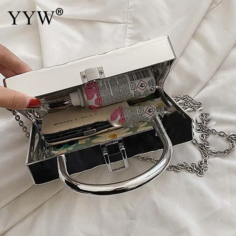 INS Creative Square Acrylic Handbag Box Women Big Pearl Top Handle Smooth Surface Messenger Bag Crossbody Metal Chain Purse Tote
