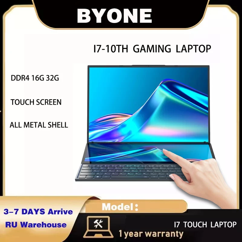 BYONE i7 Gaming Laptop DDR4 16GB 512G 1T SSD Laptops 16Inch +14 Touch Screen 1920x1080 Protable Intel Core i7 Computer Laptop