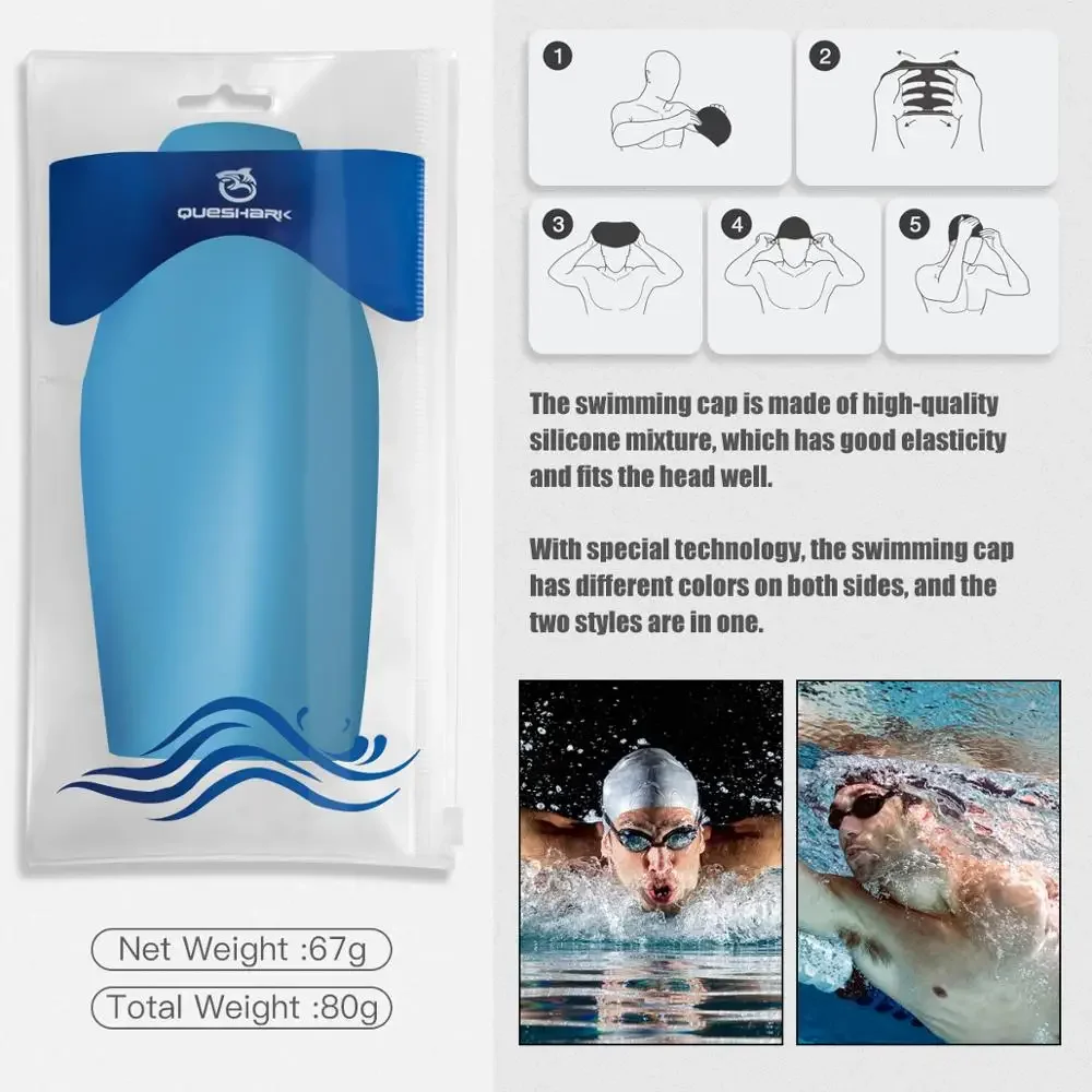 QUESHARK Adults Teens Silicone Waterproof Seamless 3D Elastic Swimming Cap Diving Swim Hat 2 Colors For 1 Cap Hair Protection 6