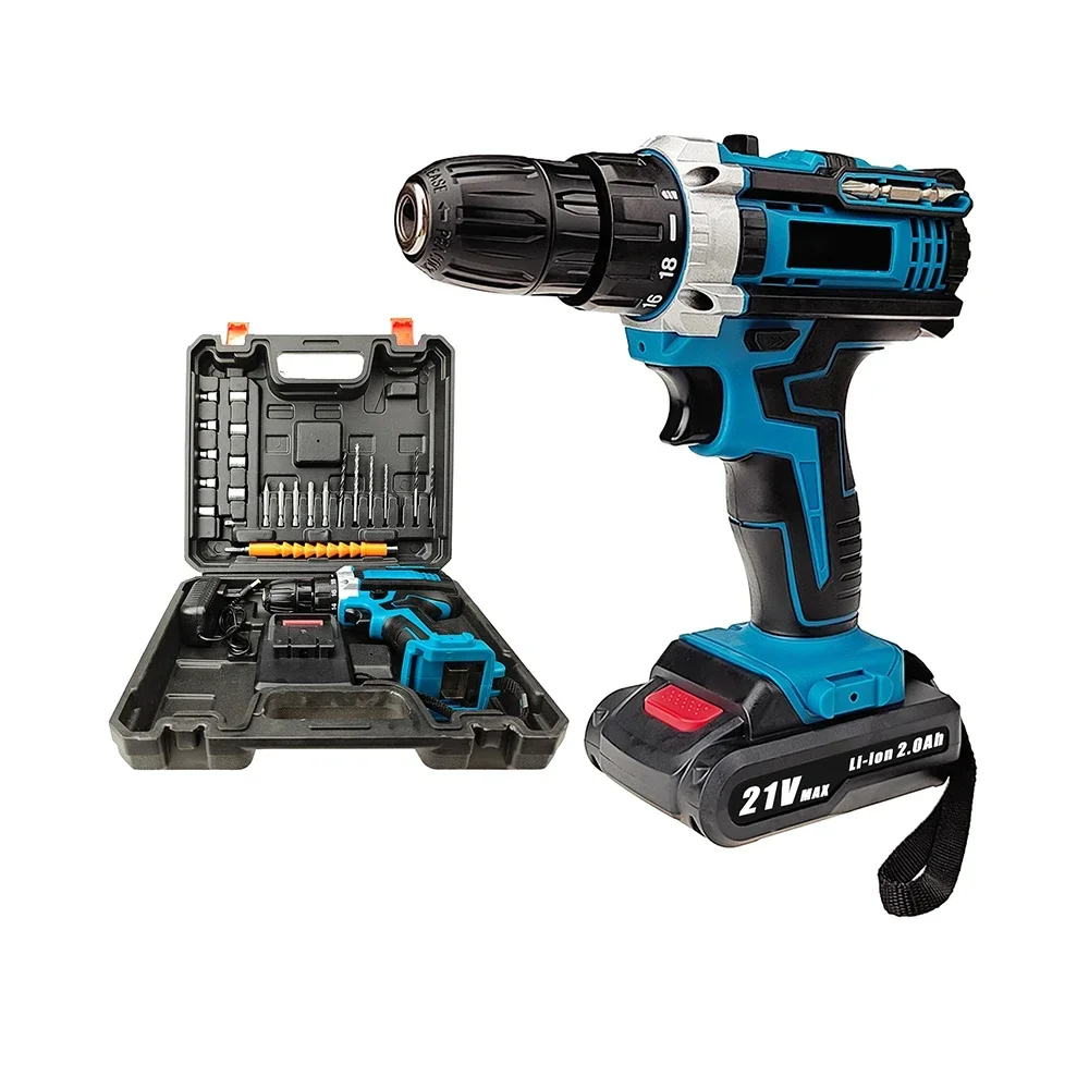 Complete cordless impact drill kit with batteries, charger, and bits