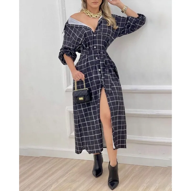 

Women's Fashion Plaid Shirt Dress Without Belt Temperament Commuting New Autumn Female Loose Long Sleeved Elegant Dresses