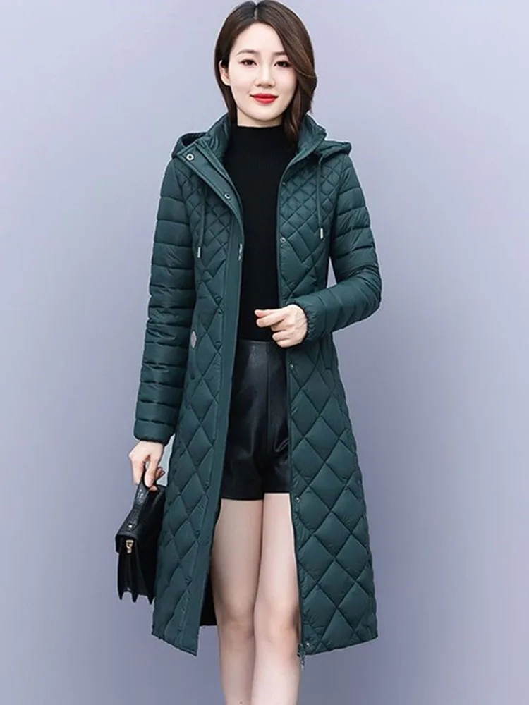 2024 Winter Down Cotton-padded Jacket Women Light Coats Hooded Parka X-long Slim Outerwear Oversize XL-7XL Warm Quilted Overcoat