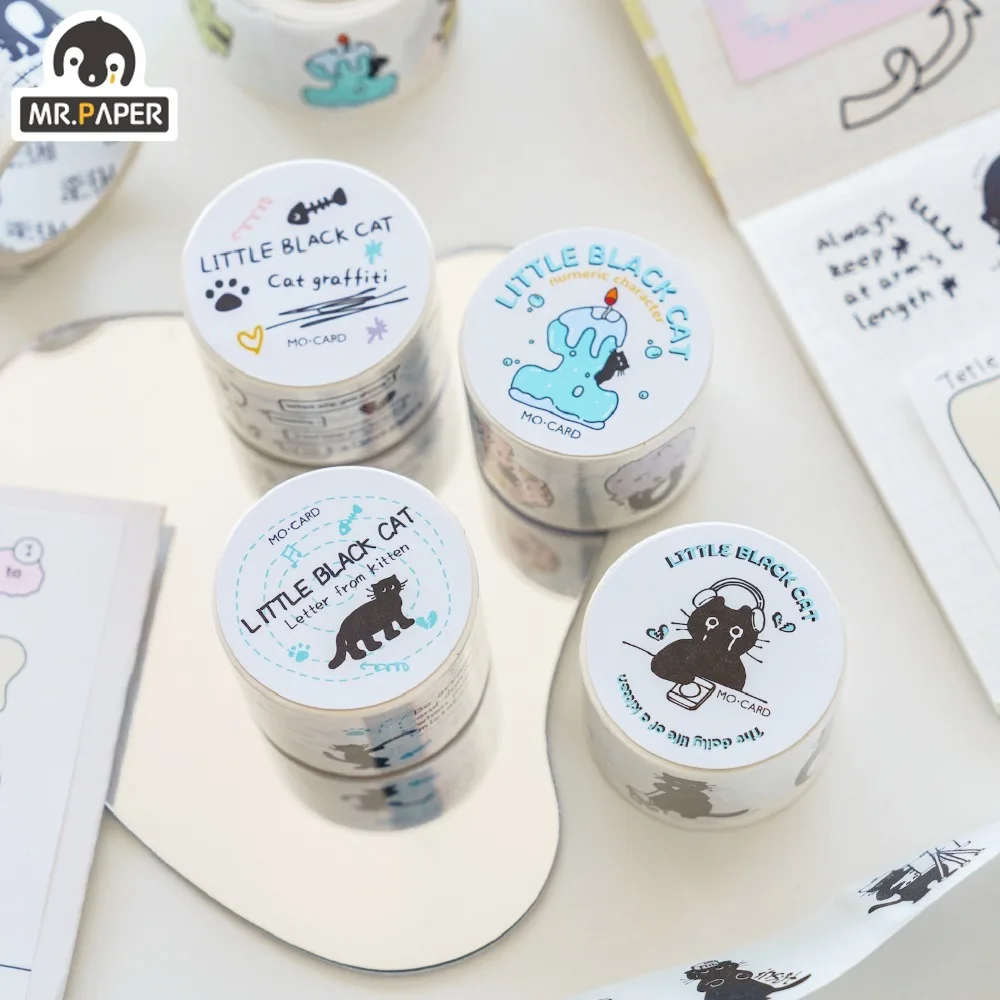 

Mr. Paper 4 Style Little Black Cat Theme Graffiti Washi Tape English Ins Handbook DIY Decoration Collage Material Sticker