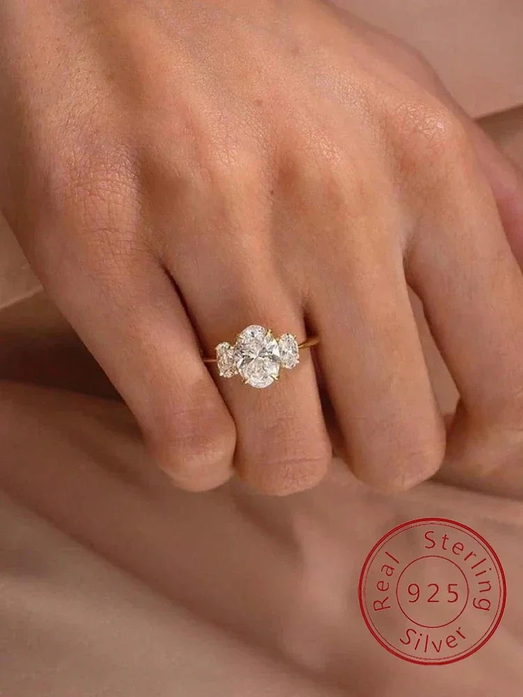 Funkelnder, klassischer, funkelnder, dreifach ovaler Zirkonring aus 925er-Sterlingsilber für Damen, tägliche Outfits, luxuriöser, hochwertiger, edler Schmuck