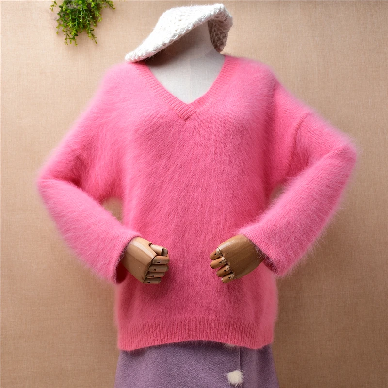 

04 Female Women Fall Winter Clothing Pink Hairy Angora Rabbit Hair Hand Knitted V-Neck Slim Blouses Pullover Jumper Sweater Pull