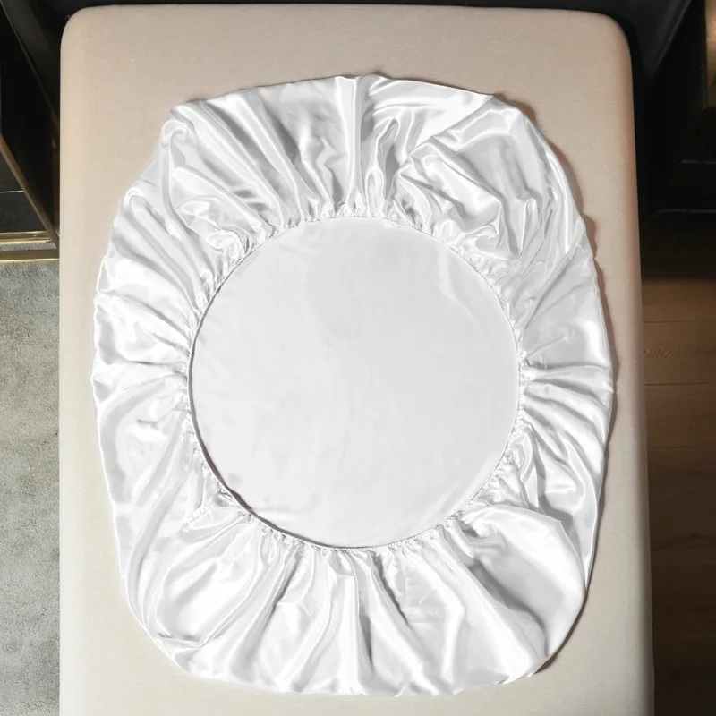 Pure White Satin Frosted Bedsheet, Silk-Like Bedroom Bedspread, Bedding,Fitted Sheet(Excluding Pillowcases)1 Piece 3