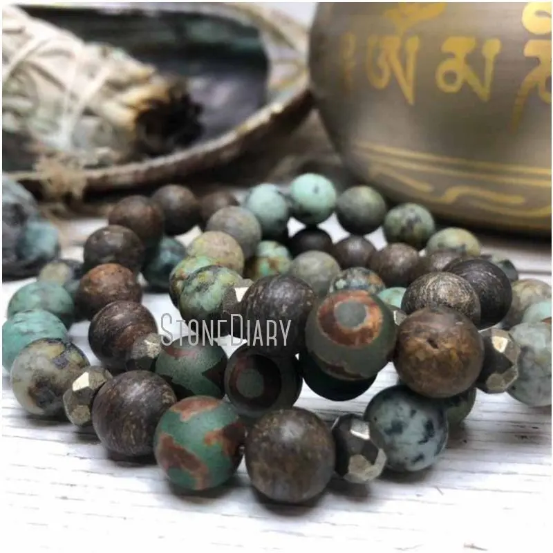 

WMB31449 Matte African Turquoise Bronzite Dzi Agate Pyrite Wrist Mala Healing Stone Prayer Beaded Inspired Bracelet