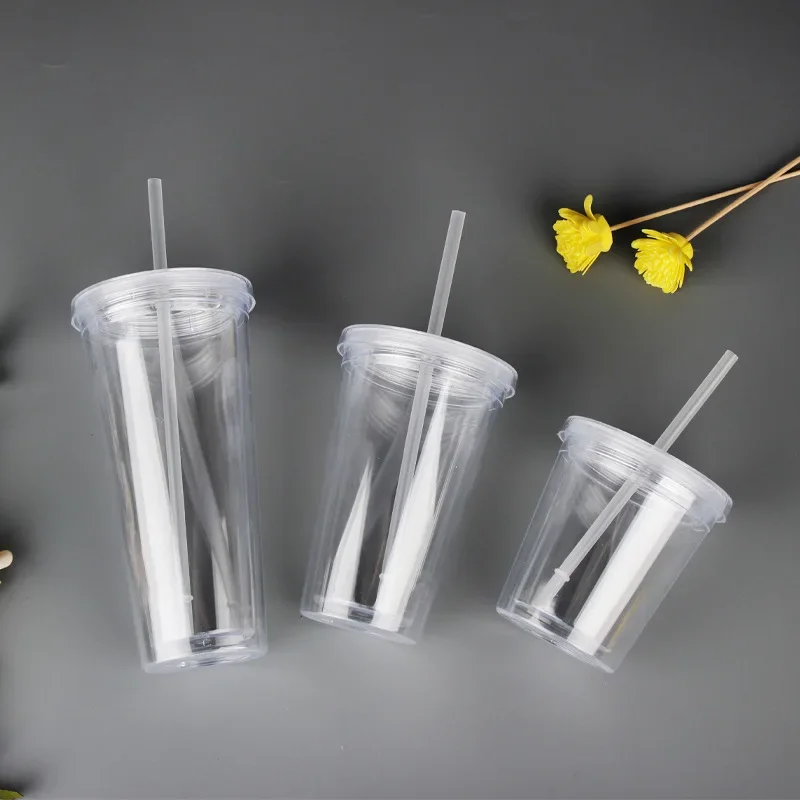1pcs 12/16/22oz Transparent Plastic Straw Cup Double-wall Water Bottle Iced Coffee Mugs Reusable Travel Drinking Tumbler Car Cup