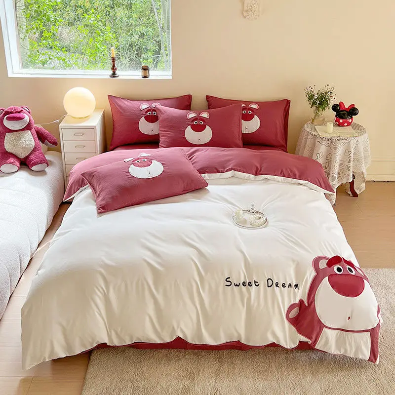 

Disney new cute Stitch Mickey Donald Duck Lotso Class A washed cotton and linen 4pcs cartoon creative bedroom ice silk bedding