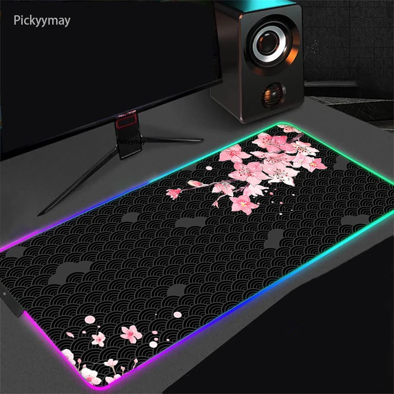 Sakura Grande Mouse Pad Rgb Mousepad Brilho Led Gamer de Computador Teclado pc Desk Mat Acessórios de Escritório Mists de Mesa Rosa - Imagem 6