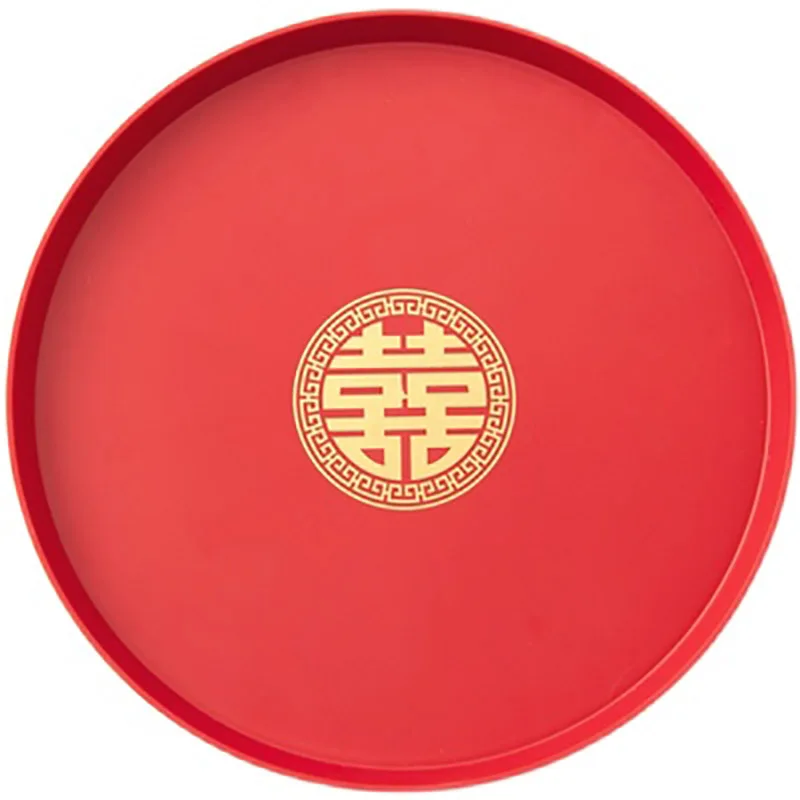 Chinese Red Plastic Oblong Round Toast Tray Hotel Wedding Party Tea Trays to Serve Food Festive Display Ceremony Decoration