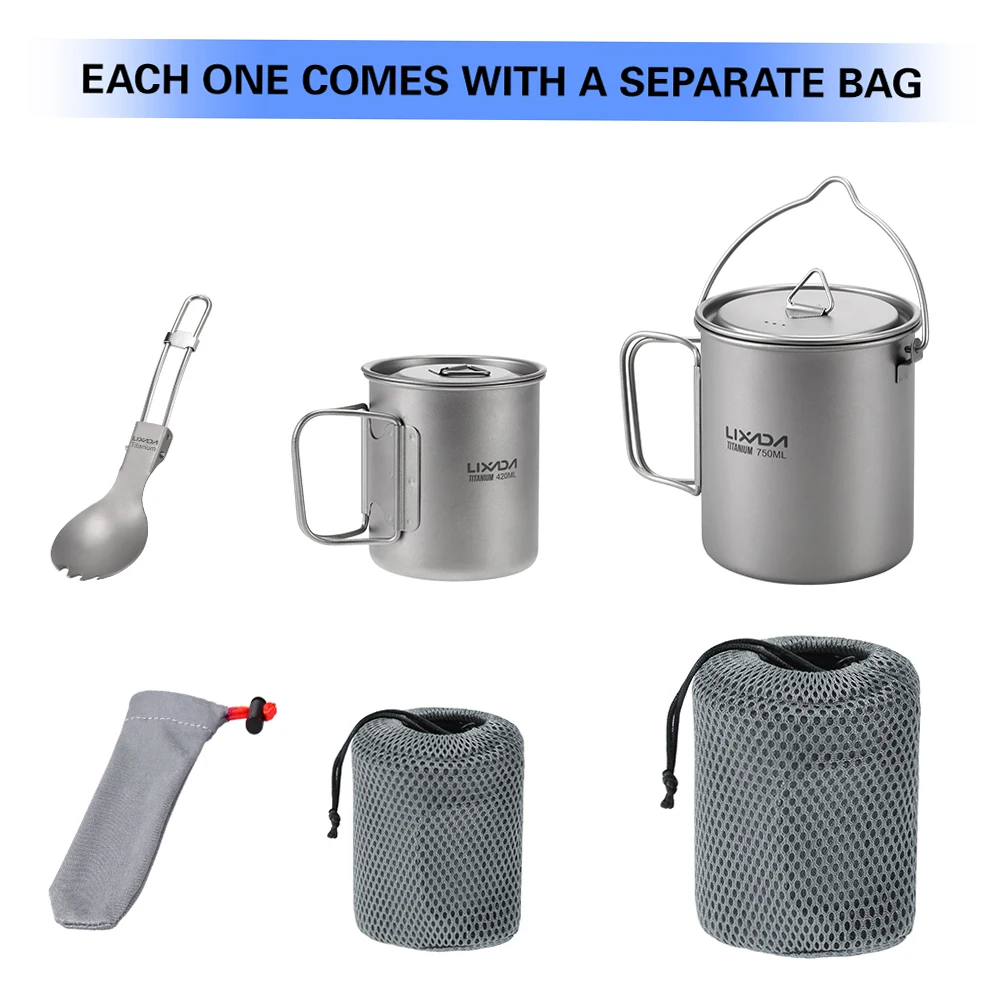 LIXADAチタン３点セット750/420/Wカップ/スプーン Amazon.com : Lixada Titanium Camping Cookware with Folding