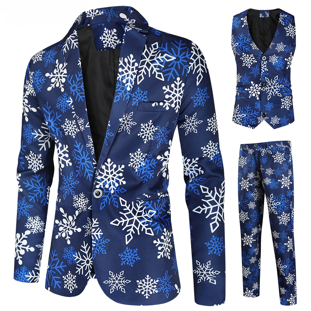thumbnail image 1 of Traje de 3 piezas para fiesta de Navidad para hombre, traje de corte Regular con copos de nieve, sombrero de Papá Noel, chaqueta estampada, chaqueta, pantalones, chaleco, uniforme para niños para Navi, 1 of 5