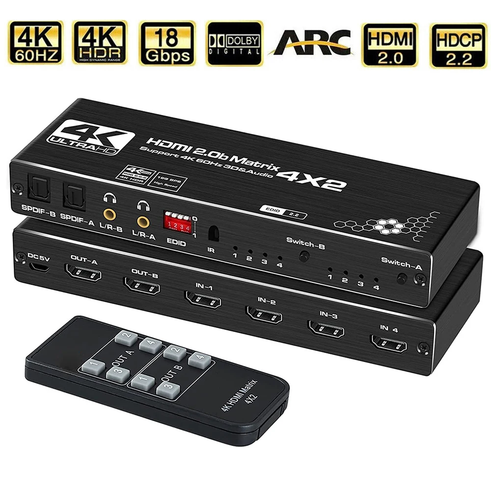 Divisor de Comutação Matricial Compatível com Hdmi 4k @ 60hz 4×2 Spdif e l r 35 mm Comutador Hdr Suporta Hdcp 2.2 3d