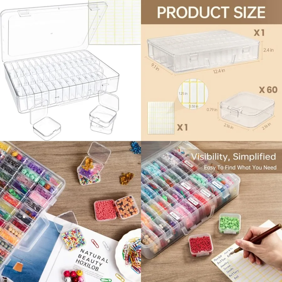 Bead Organizer Box 60 Pack Small Clear Storage Boxes with Labels Large Travel Craft Case with Handle Mini Plastic Containers fo 1