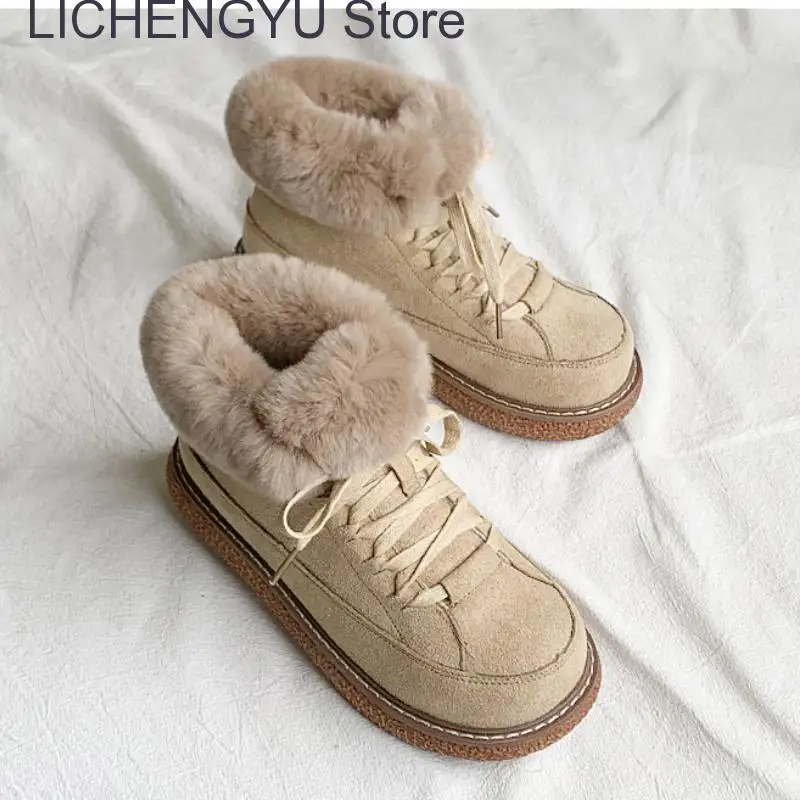 2023 Winter Women Fashion Artificial Fur Snow Boots Platform Med Heel Thick Sole Round Toe Warm Ankle Boots