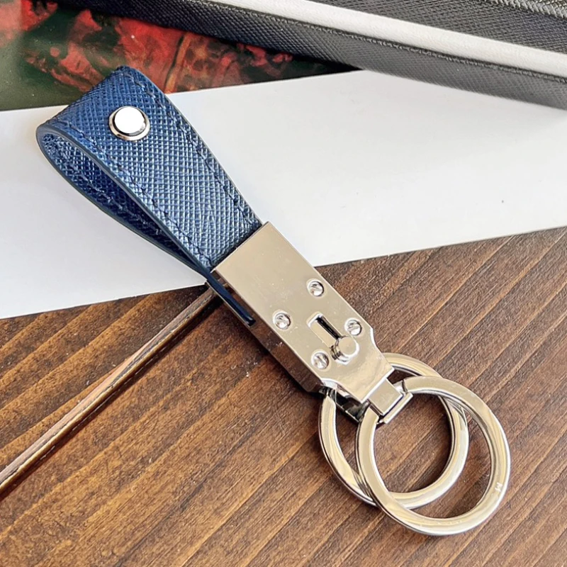 

Luxury MB Full Grain Calf Leather Double Ring Keychain High Quality Gifts For Men