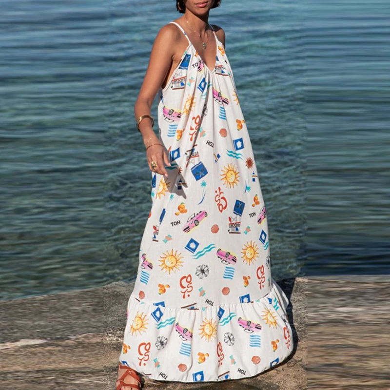 

2024 Summer Boho Vacation Loose Women Dress Sexy V-Neck Floral Print Beach Dress Casual Sleeveless Spaghetti Strap Long Dresses