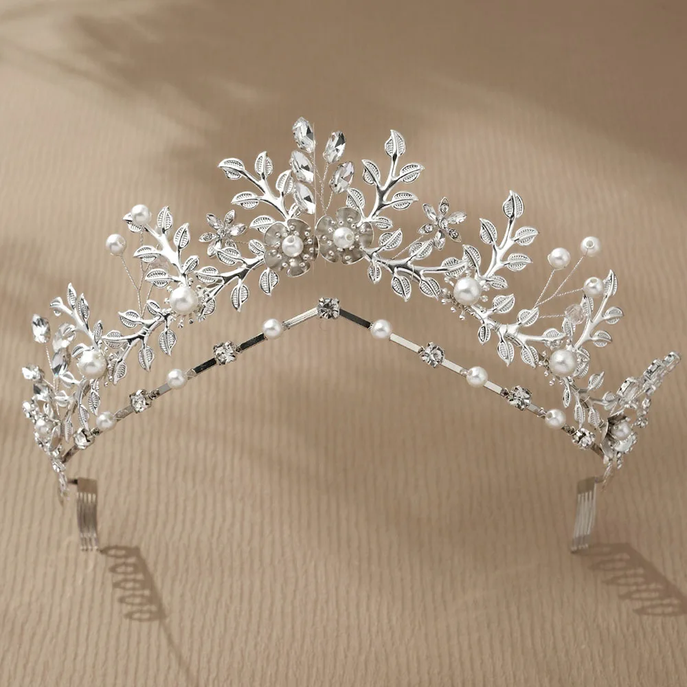 SLBRIDAL Handgefertigte Kristall-Strass-Perlen Blumen-Blatt Braut-Tiara Stirnband Hochzeitskrone Haaraccessoires Damen Mädchen Schmuck – Detail 15