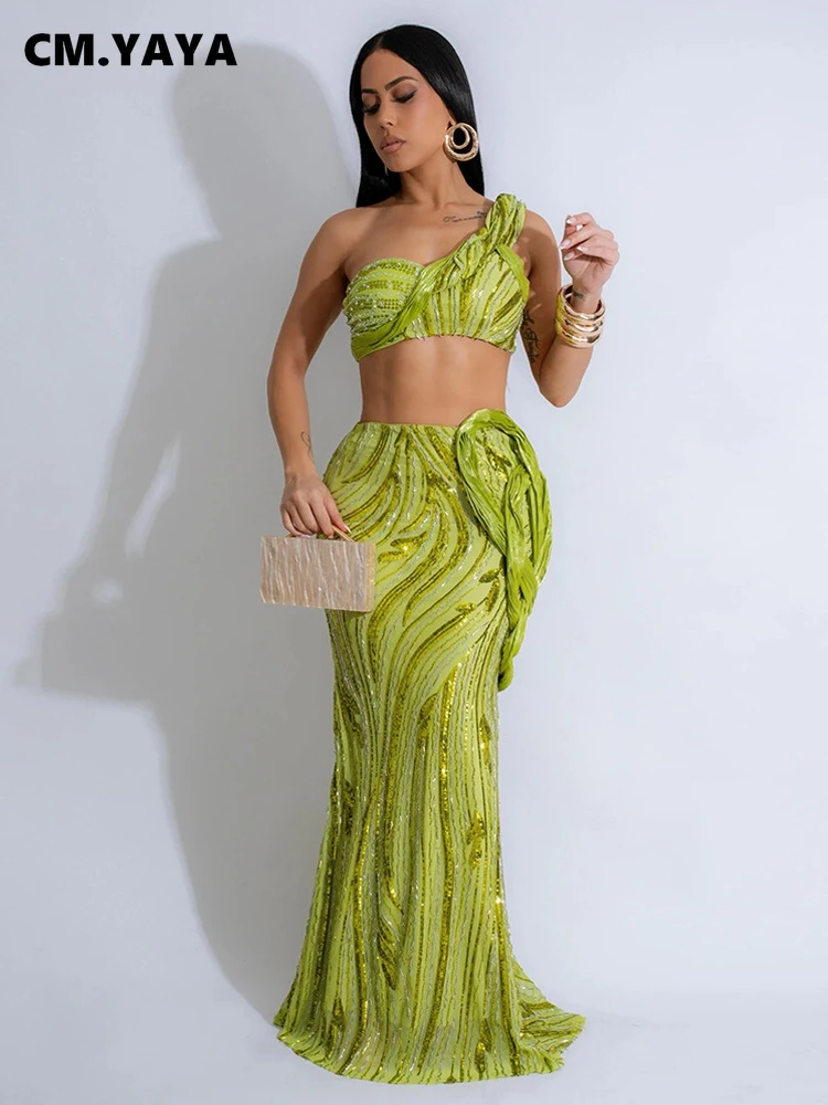 CM.YAYA Women’s Dress Set Mesh Sequined Ribbon Sleeveless Strap Top + Long Skirts Sets 2 Two Pcs Sets Sexy Party Evening Oufits