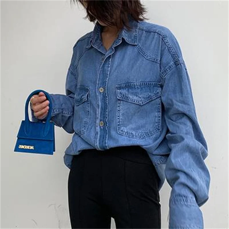 

Джинсовая рубашка Женский дизайн весна-осень новый синий топ с длинным рукавом свободный