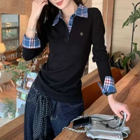 Col Polo Plaid Patchwork broderie t-shirts printemps automne faux deux pièces mince haute rue hauts mode décontracté femmes vêtements 5