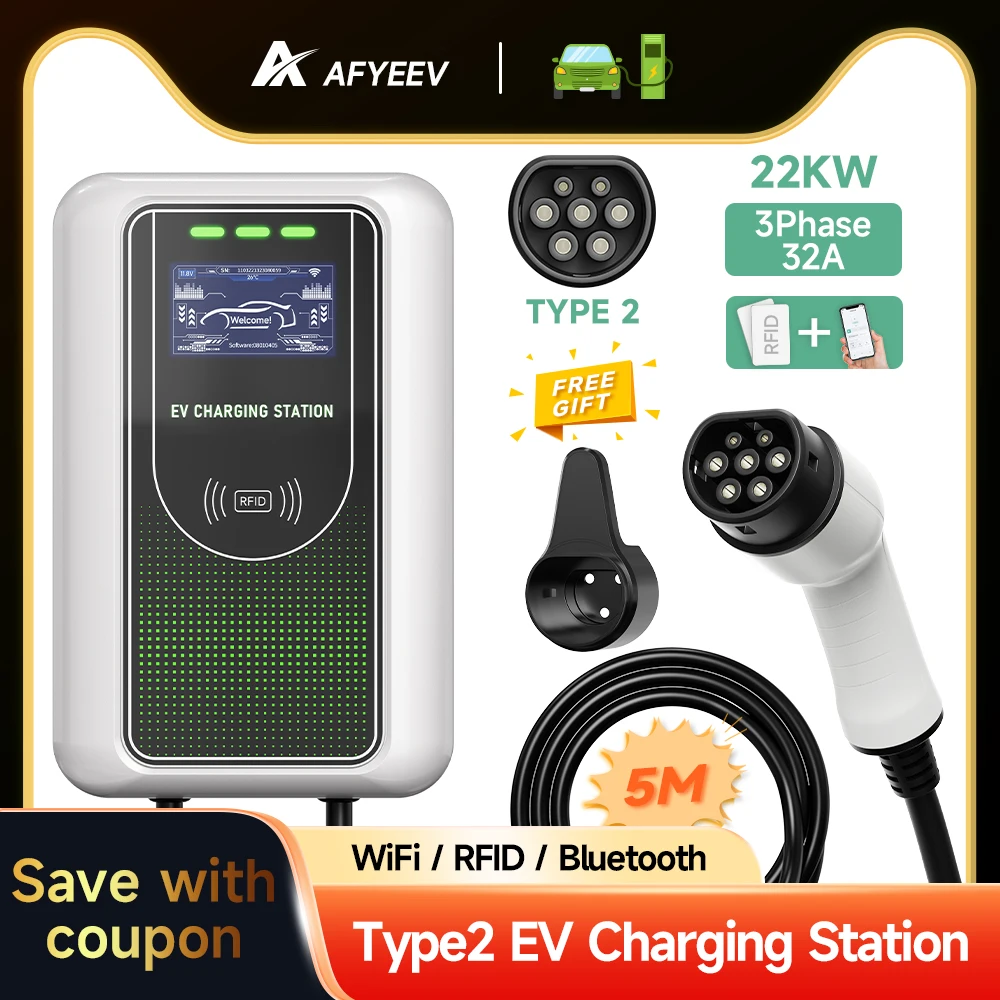 AFYEEV EV Charger 32A 7KW Electric Vehicle Car Charger EVSE Wallbox 11KW 22KW 3Phase Type2 Cable IEC62196-2 Socket APP Control electric vehicle charging station 32a 3 phase 22kw ev car charger wallbox type 2 socket wallmount iec 62196 2 with rfid control