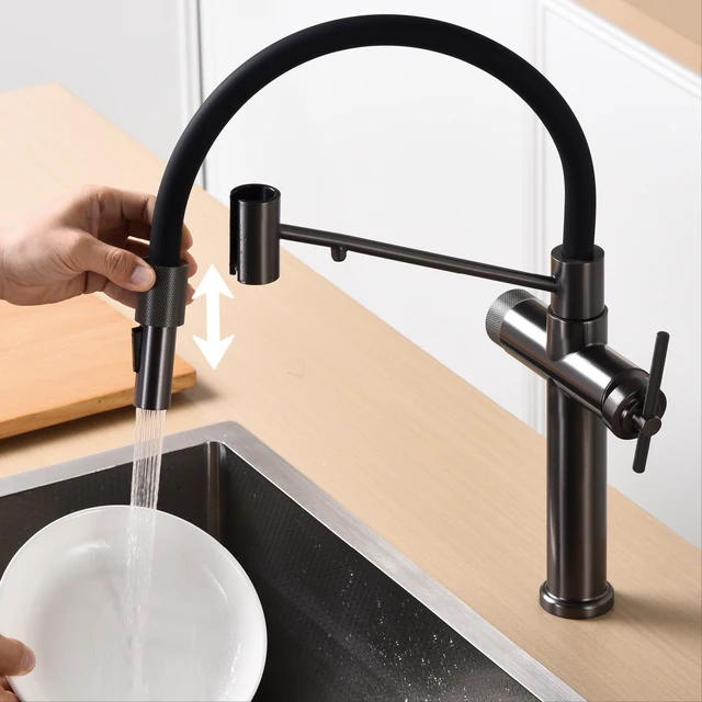 ก๊อกน้ำครัวแบบ 3-in-1 สีเทาปืนทองเหลือง รุ่นโมเดิร์น แบบรูเดียว พร้อมตัวกรองน้ำแยกต่างหาก ก๊อกน้ำแบบดึงออกได้  แบบผสมน้ำร้อนน้ำเย็น 5