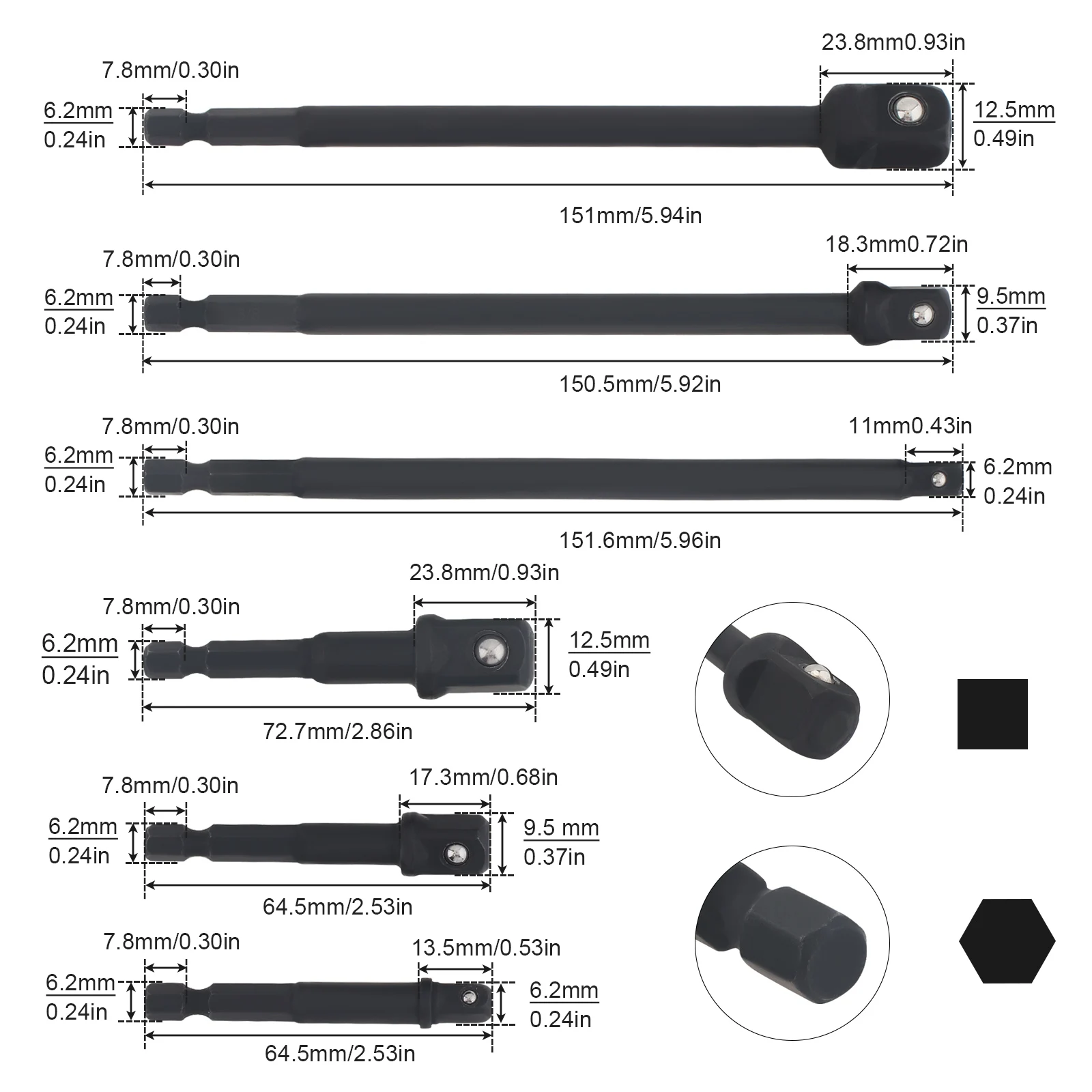 임팩트 등급 소켓 어댑터 세트, 육각 섕크 파워 드릴 소켓 드라이버 어댑터, 3 인치, 6 인치, 1/4 인치, 3/8 인치, 1/2 인치, 세트당 6 개