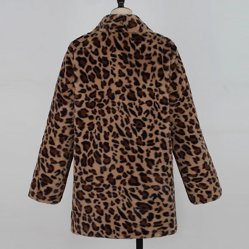 Winter Thick Warm Fashion Long Sleeve Outerwear Artificial Fur Jacket Plush Clothing Luxury Leopard Print Faux Fur Coat Women