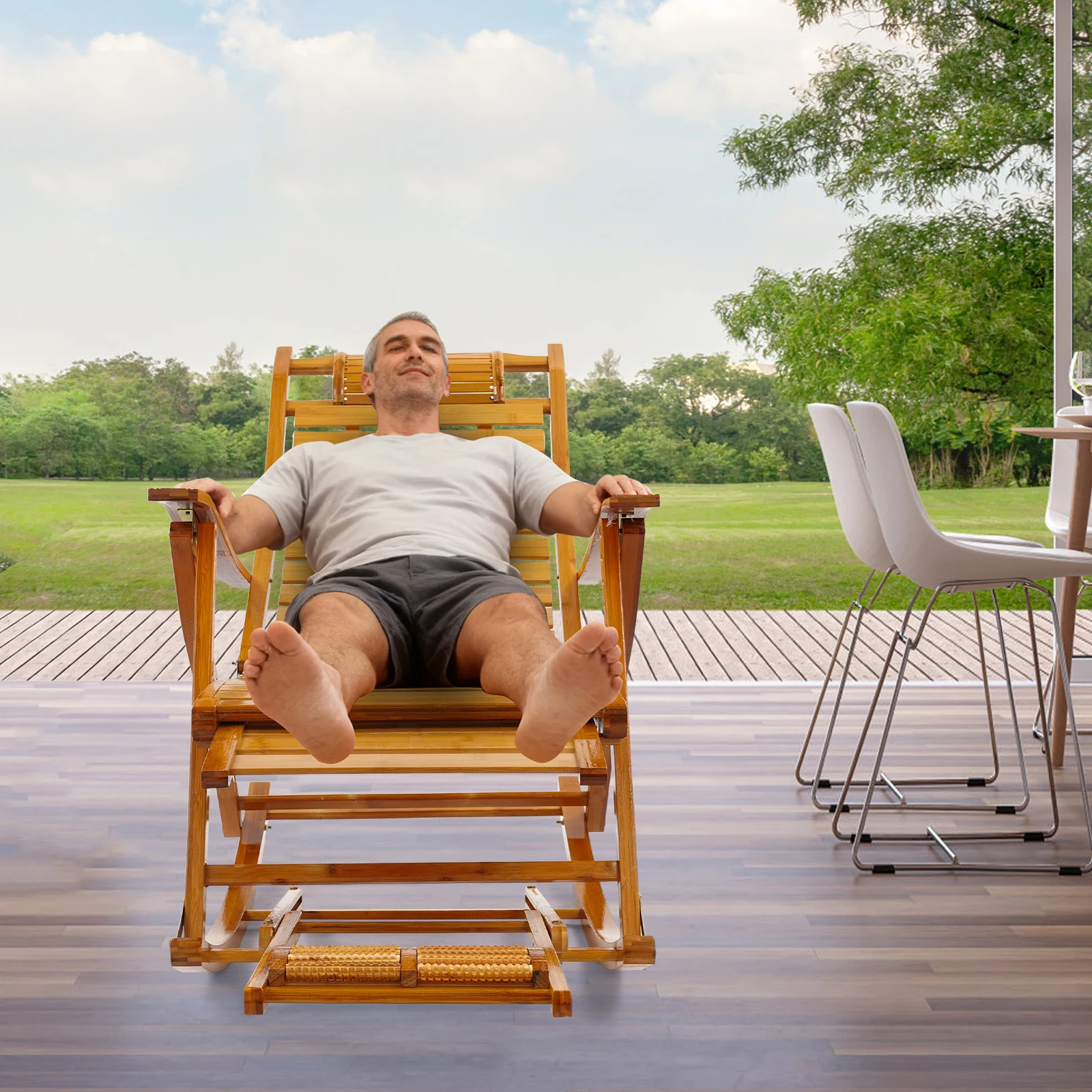 Multi-Function Bamboo Folding Recliner Chair, 170&deg; Adjustable with Massage Footrest, 330lbs Capacity, Patio Lounge Chair Home