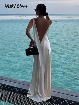 Backless Satin Long Sling Dress Women V Neck Sleeveless Slit Solid Sexy Party Dresses 2026 Summer Lady Vacation Evening Robes
