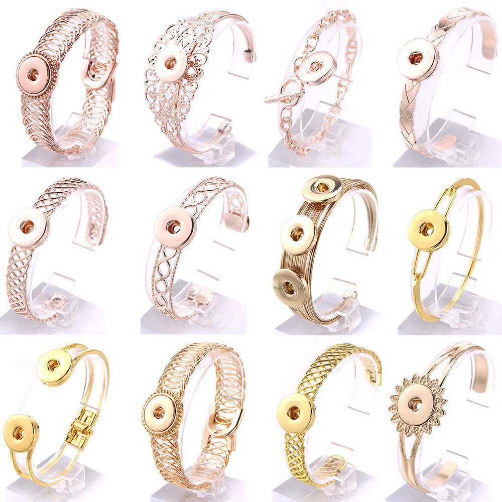 Vinatage Metal Snap Jewelry 18mm Rose Gold Gold Plated Cuff Adjustable Snap Button Bracelet Bangle Bracelet for Men Women B1636