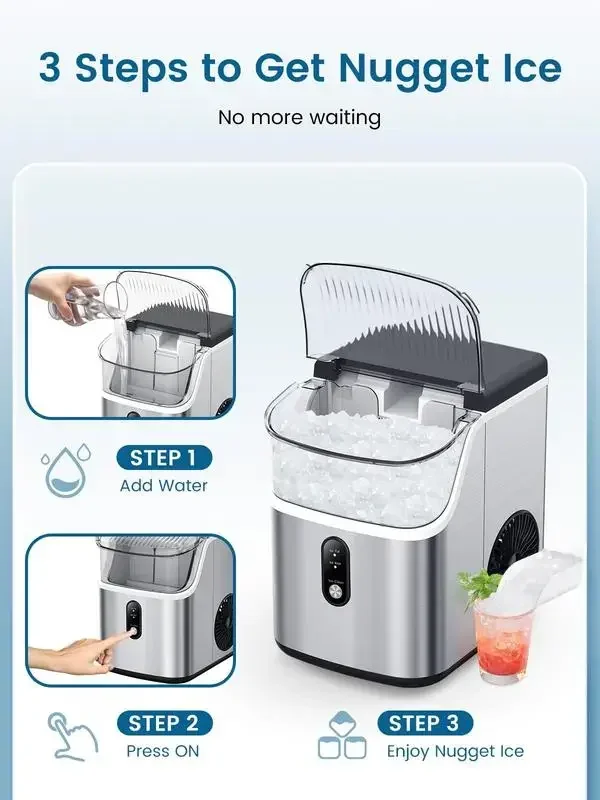 COWSAR Nugget Ice Maker Countertop, Soft Chewable Nugget Ice Cubes Machine, One-Button Quick Making 34Lbs/Day, Self-Cleaning