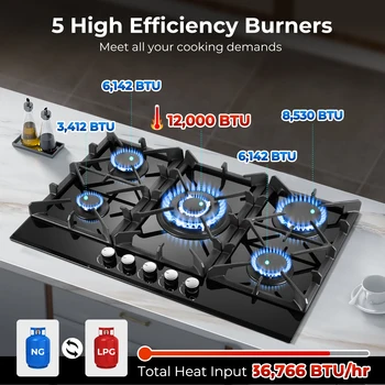 30 Inch 5 Burners Stove Top Built-in NG/LPG Convertible with Thermocouple Protection Gas Cooktop 2