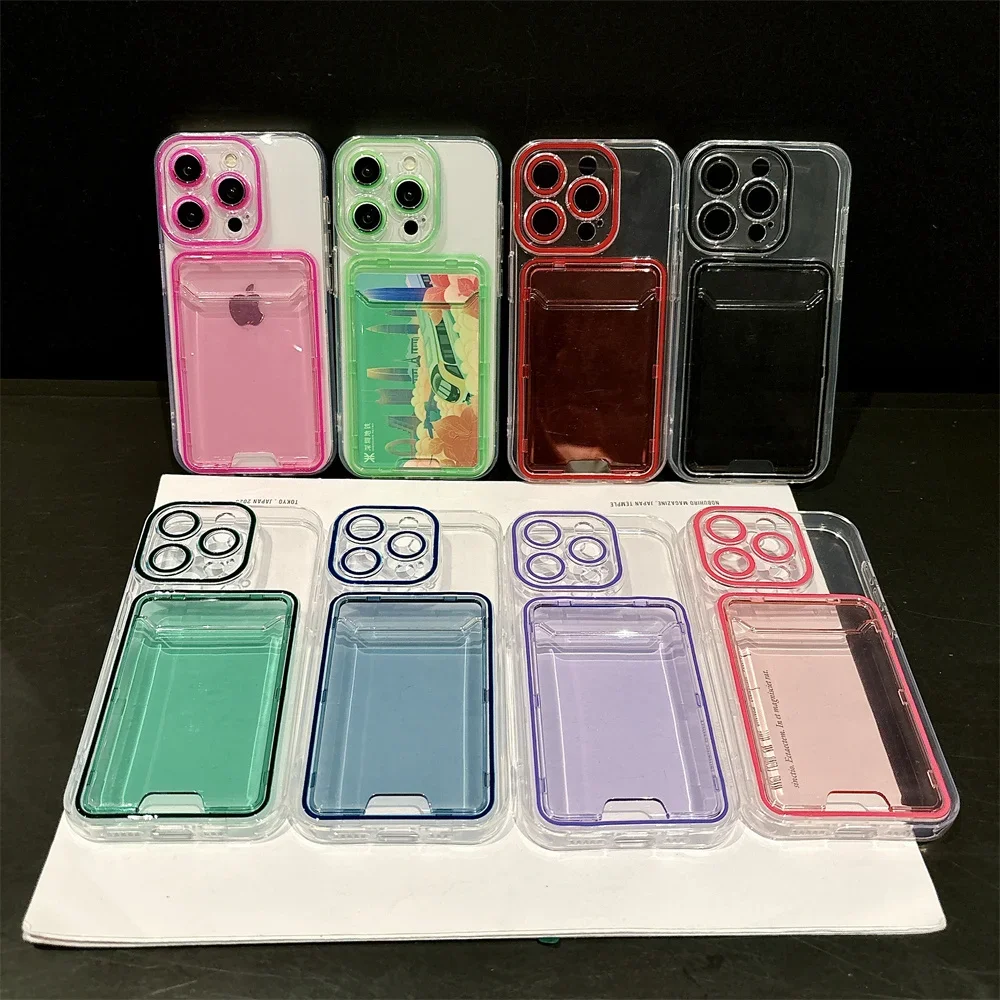 Transparent Card Holder Slot Case for iPhone 16 15 14 Pro Max Plus 11 12 13 Wallet Candy Color Contrast Clear Soft TPU Cover 6