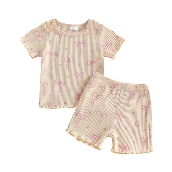 Set di vestiti per neonate per bambini Top a maniche corte stampati con fiocco carino alla moda con pantaloncini Completo da 2 pezzi