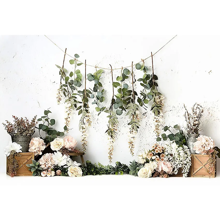 Mehofond Nature White Wall Photography Background Spring Green Grass Floral Scenic Baby Shower Birthday Backdrop Photo Studio photo backdrop