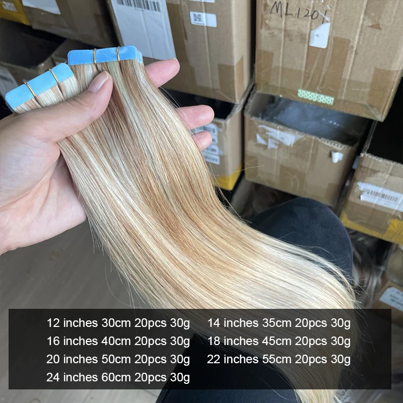 Highlight Blonde P18-613# Human Hair Extensions Tape Ins 20pcs 12-20 inches Natural Straight Lightweight 30g Tape Hair