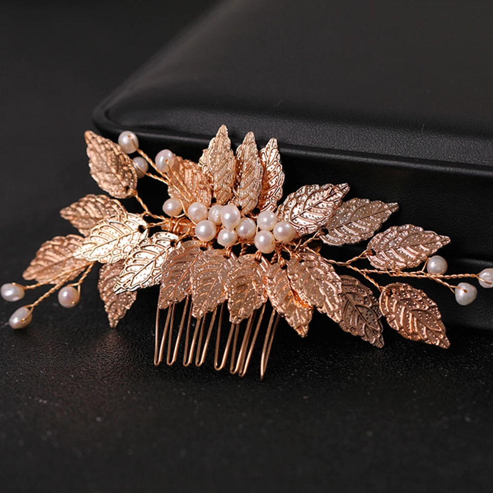 

Golden Leaf Hair Comb Pearl Alloy Side Pin Girls Party Headpiece Wedding Hair Accessories Bride Tiaras Head Jewelry Gifts Crown