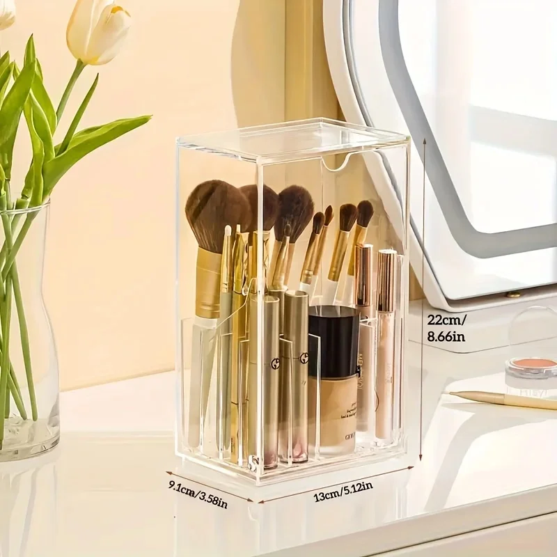 Clear Acrylic Makeup Brush Holder with Lid - Elegant Cosmetic Storage Box for Vanity or Desk Display