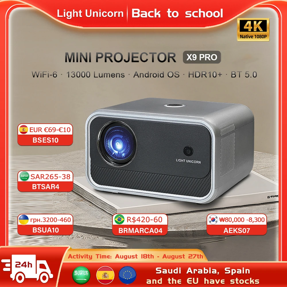 Portable Projector Light Unicorn X9 PRO Full Hd 1080P 4K Projector Android Wifi6 Mini Portable Native 1920✖1080P Video HDR Home Theater TV Beam
