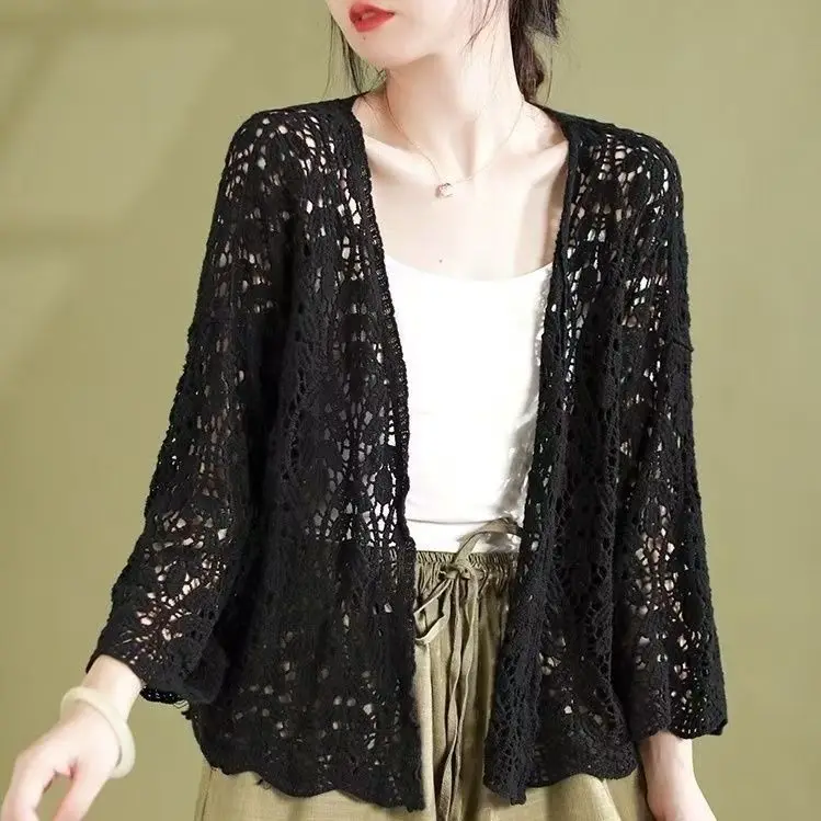 Spring Summer Women's Thin Hollow Knit Cardigan Korean Fashion Top Short Loose Air-conditioned Sunscreen Shirt Grace New
