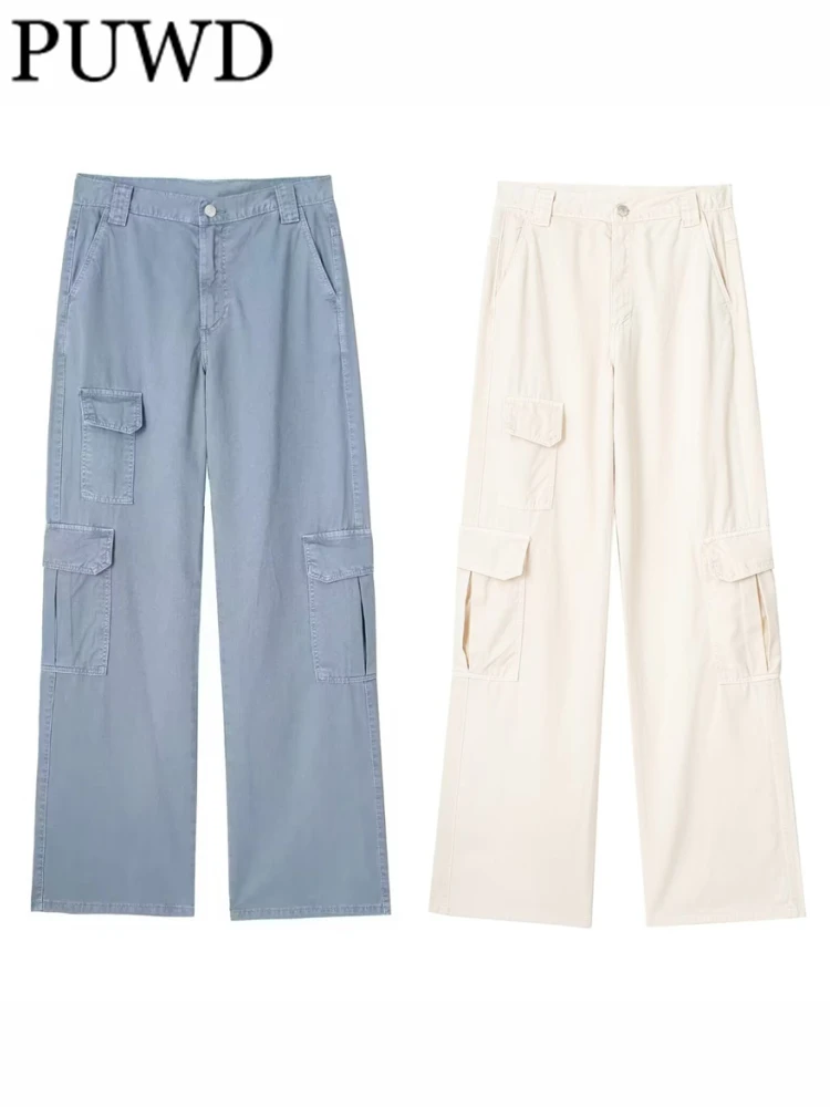 

PUWD Women Fashion Beige Wide Leg Cargo Trousers 2023 Summer Vintage Side Pockets Solid Color Female Chic Bottoms