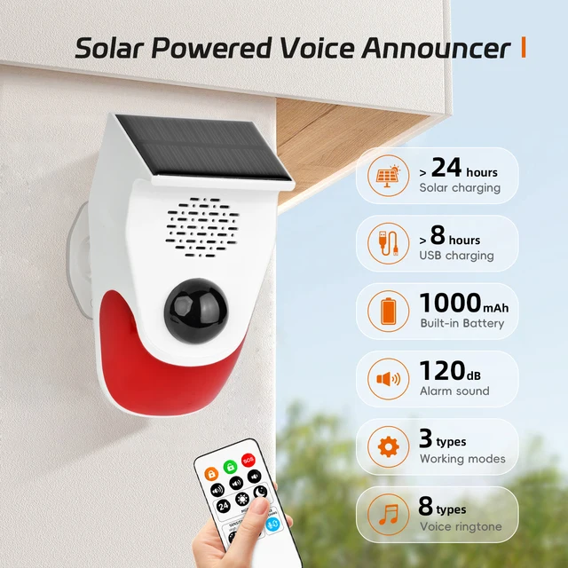 SMARSECUR Outdoor Solar Sound Light Alarm Motion Sensor, Battery 120DB Siren Sound Alert Flash Strobe Security Alarm System 3
