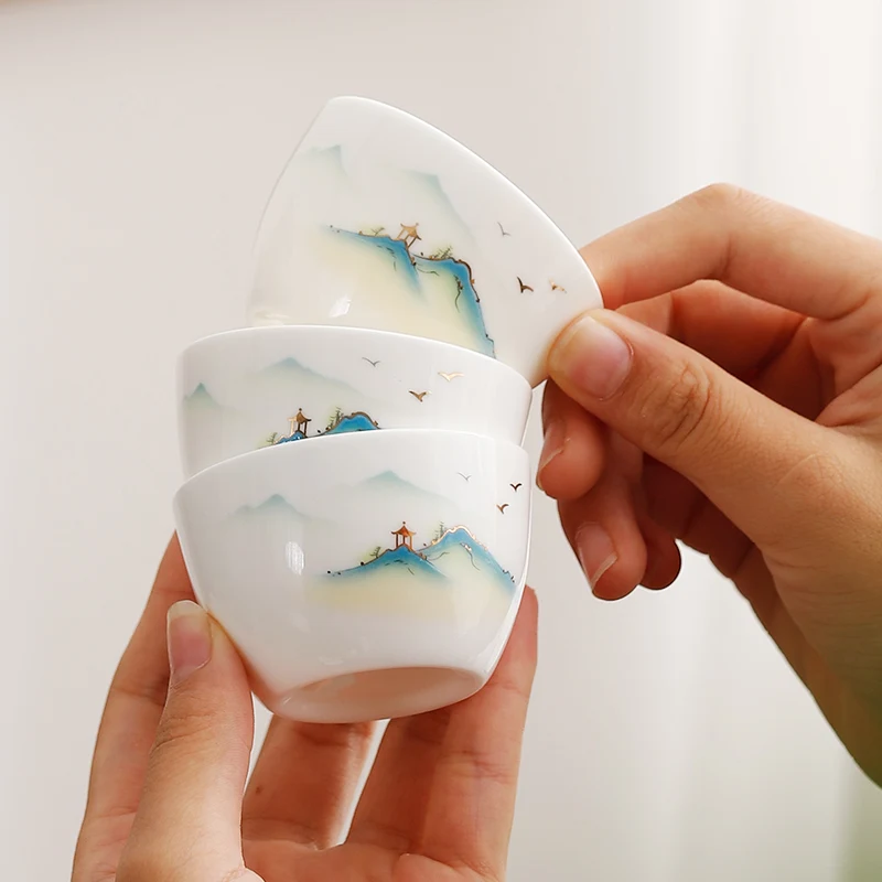 Chinese Style Ceramic Mountain Pattern Single Cup, Jade Porcelain, Creative Kung Fu Teaset Small Teacup for Household Office Use
