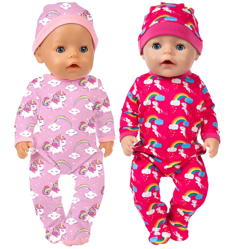 Puppen-Pyjama-Nachtmützen-Set, 18 Zoll, 45 cm, niedliches Regenbogenmuster, Puppenkleidung für Reborn-Puppe, American Doll Born Doll, Mädchenspielzeug, Geschenk – Detail 2
