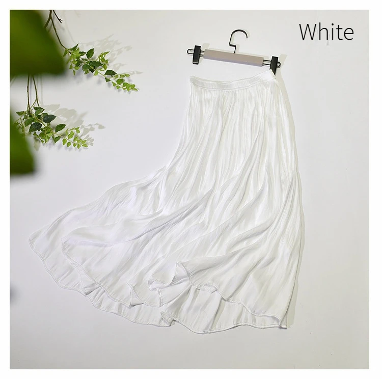Summer Silky Skirt Elastic High Waist Glossy Silky Long Skirt Sea-Island Filament A-line Skirts Beach Vacation Pearlescent Dress